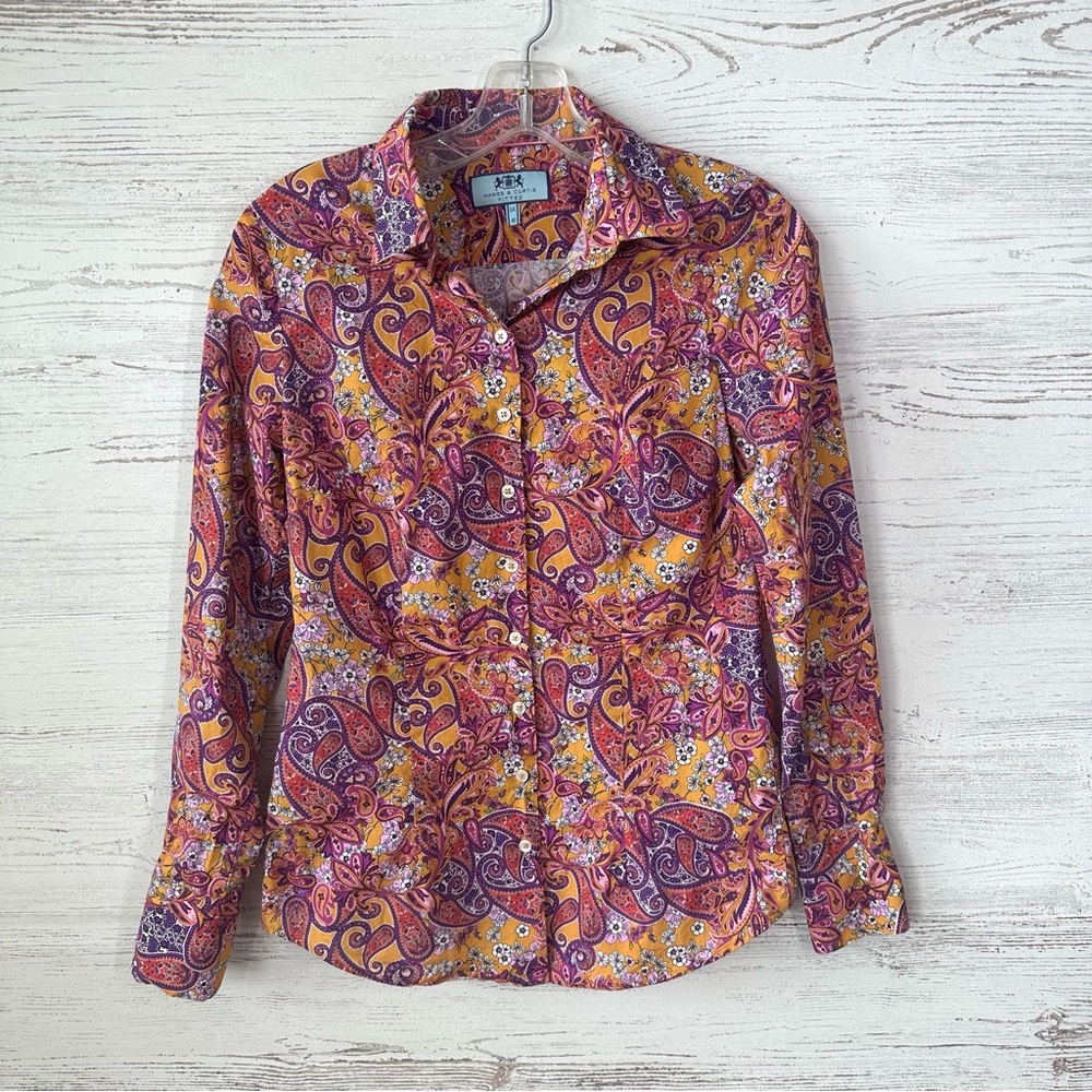 HAWES & CURTIS Mustard and Purple Floral Paisley Fitted Button Down Shirt UK 10 - Picture 5 of 11